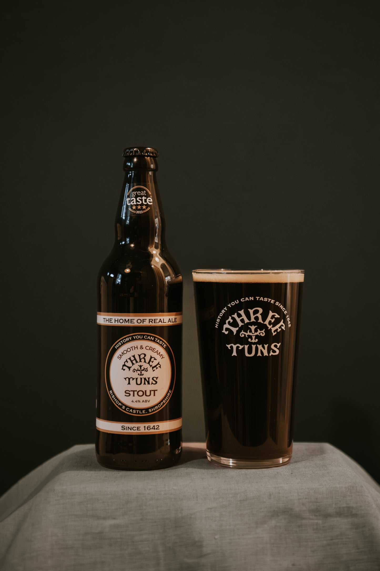 three tuns brewery stout ale bottle and pint